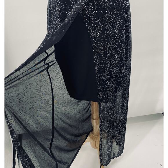 Vintage Y2k Maxi Overlay Glitter Floral Dress Split Front Gown Black Silver - Picture 5 of 11